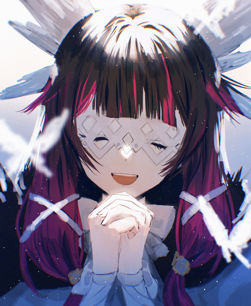 1girl bangs black_hair blunt_bangs bug butterfly closed_eyes damslette_(genshin_impact) genshin_impact highres long_hair long_sleeves multicolored_hair nagikiho open_mouth own_hands_clasped own_hands_together redhead solo streaked_hair teeth two-tone_hair upper_teeth white_mask