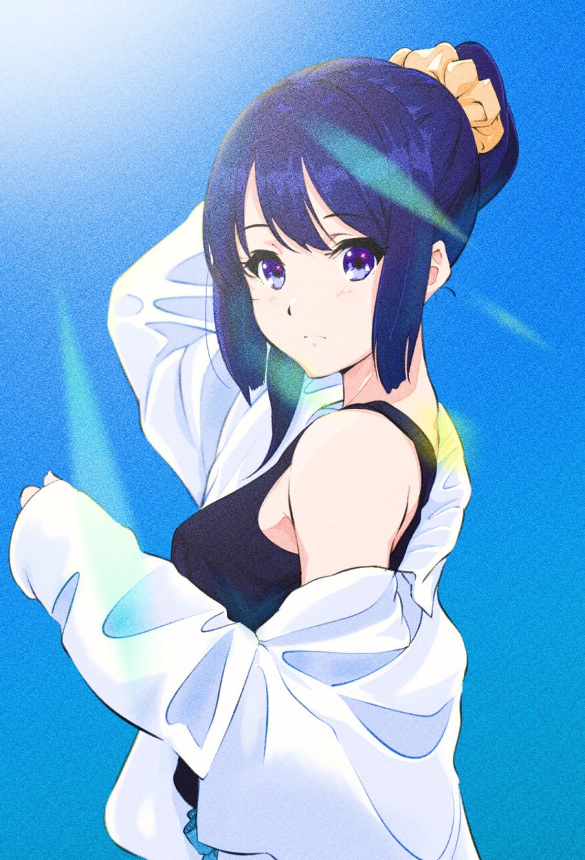 1girl adjusting_hair bare_shoulders black_camisole blue_eyes blue_sky blush camisole closed_mouth expressionless hair_bun hand_up hibike!_euphonium highres jacket kousaka_reina lens_flare long_hair long_sleeves looking_at_viewer outdoors purple_hair scrunchie sky solo sososososo_1729 sun white_jacket