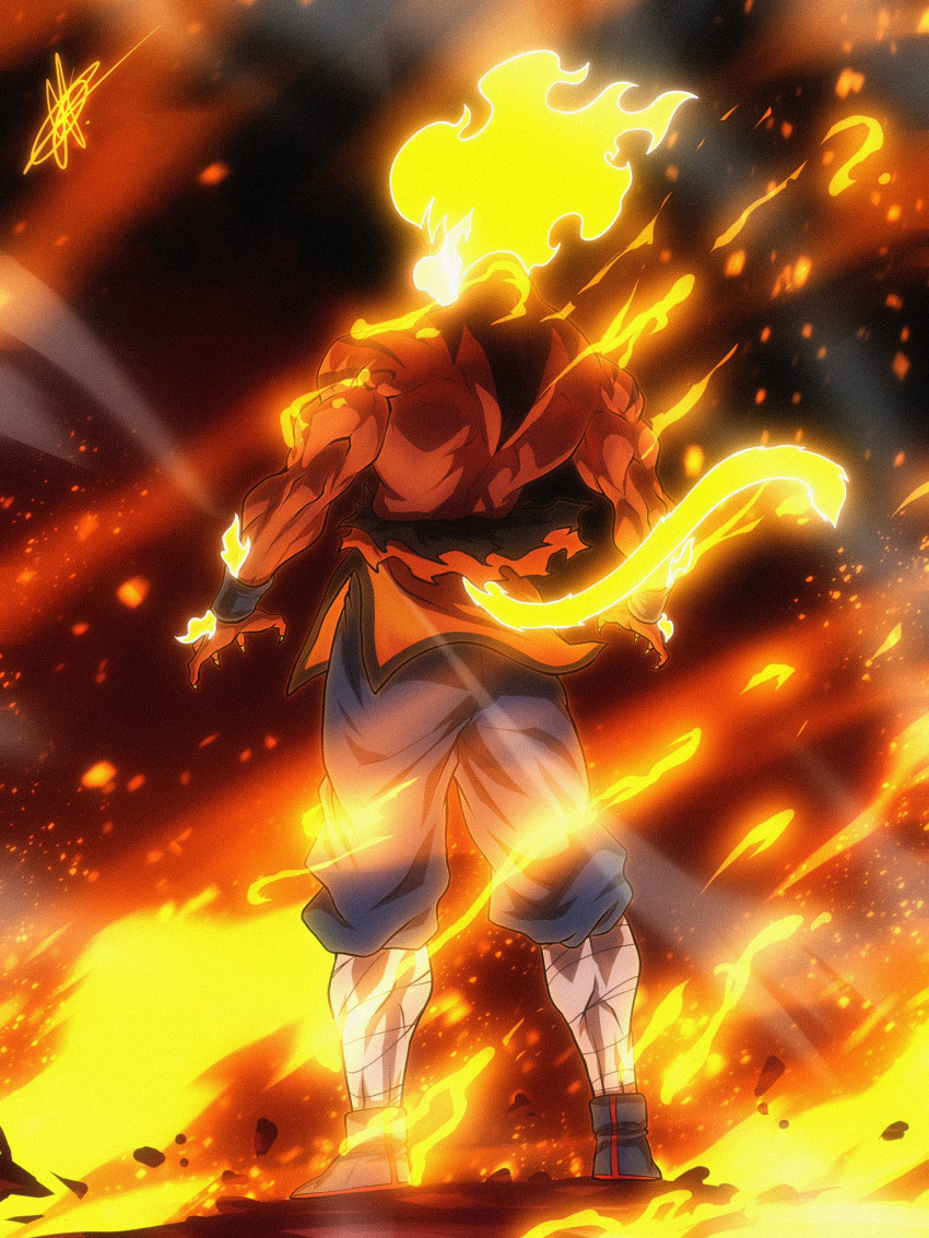 1boy alternate_form alternate_universe ankle_boots arm_hair black_pants blonde_hair boots daffduff dark-skinned_male dark_skin dragon_ball english_commentary fiery_hair fire from_behind full_body glowing glowing_hair glowing_tail highres leg_wrap legend:_a_dragon_ball_tale muscular muscular_male pants redesign solo son_goku standing super_saiyan tail topless_male