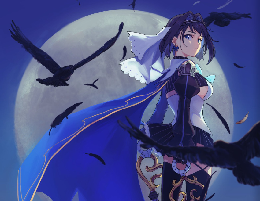 1girl bird blue_eyes blue_hair bow bow_earrings breasts chain crow earrings feathers hair_intakes highres hololive hololive_english jewelry kisuu_(oddnumberr_) looking_at_viewer medium_breasts moon ouro_kronii solo thigh-highs
