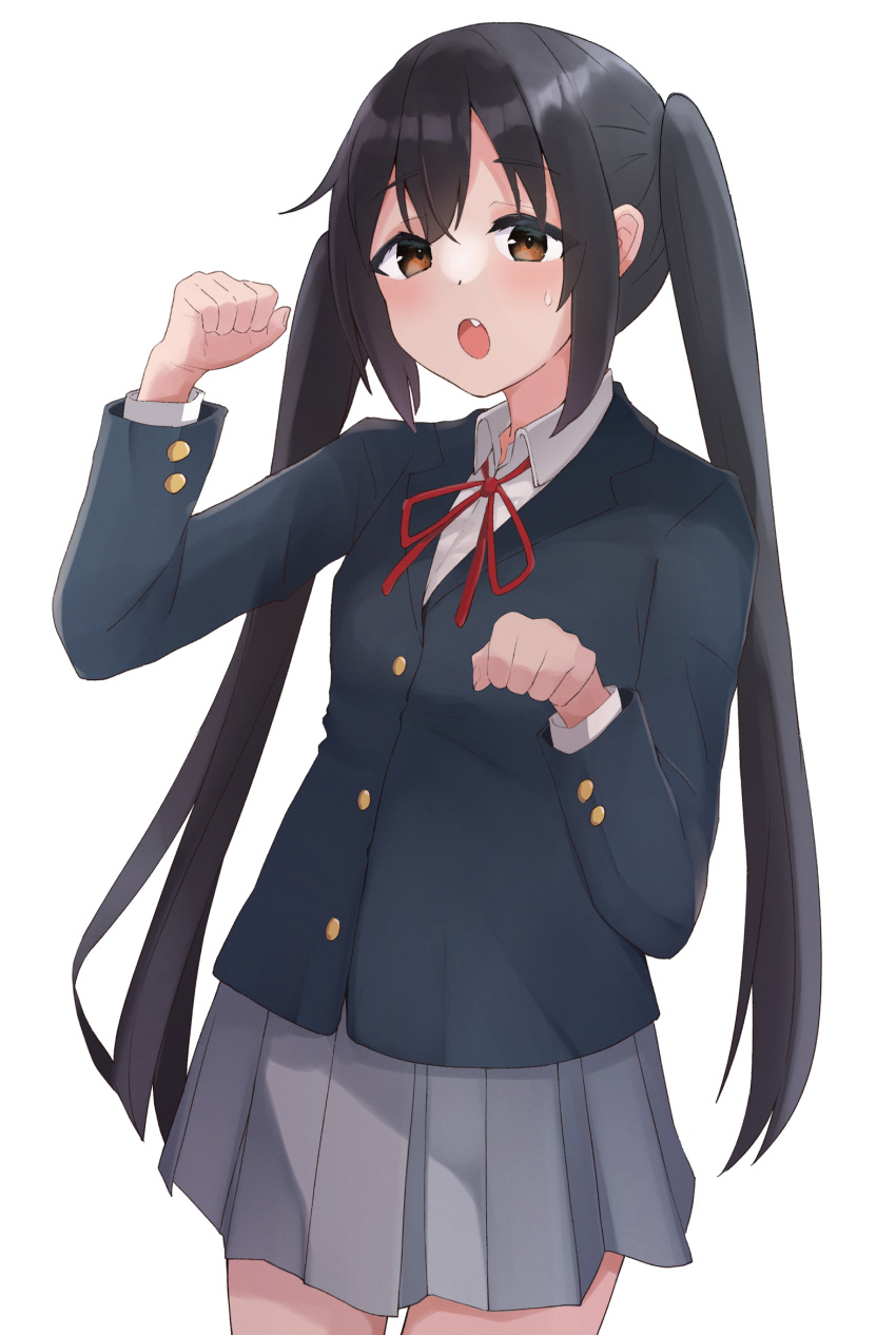 1girl :o bangs black_hair blazer blue_jacket brown_eyes commentary_request grey_skirt highres jacket k-on! long_hair long_sleeves looking_at_viewer nakano_azusa nyagonya21 open_mouth paw_pose pleated_skirt red_ribbon ribbon sakuragaoka_high_school_uniform school_uniform shirt simple_background skirt solo standing sweatdrop twintails white_background white_shirt