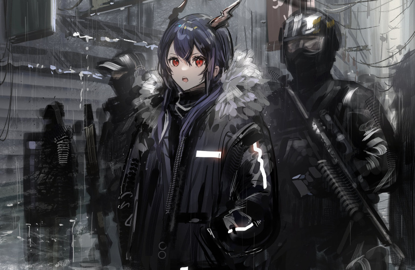 1girl 3boys alternate_costume arknights black_jacket blue_hair bulletproof_vest ch'en_(arknights) commentary_request dragon_horns fur-trimmed_jacket fur_trim goggles gun hair_between_eyes hands_in_pockets highres holding holding_gun holding_weapon horns jacket looking_at_viewer machine_gun medium_hair military military_uniform multiple_boys nanaponi open_mouth outdoors rain red_eyes solo_focus uniform upper_body visor_cap weapon