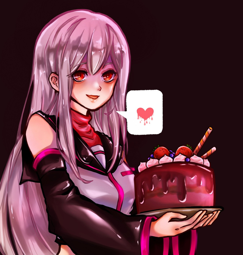 1girl bangs blueberry blush cake chiyo_loves chocolate_cake crop_top detached_sleeves food fruit grey_hair heart highres holding holding_cake holding_food holding_plate long_hair long_sleeves looking_at_viewer open_mouth plate red_eyes sailor_collar shaded_face shirt sleeveless sleeveless_shirt smile solo speech_bubble spoken_heart strawberry sukone_tei turtleneck utau wafer_stick yandere