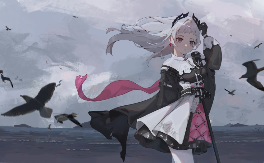 1girl absurdres adjusting_clothes adjusting_headwear ammunition_belt arknights beach bird black_cape black_dress black_headwear boluohaitai cape crown dress earrings grey_background grey_eyes highres irene_(arknights) jewelry looking_at_viewer mountainous_horizon multicolored_clothes multicolored_dress overcast parted_lips pink_cape pink_dress ribbon sky solo thighs water waves white_dress white_hair
