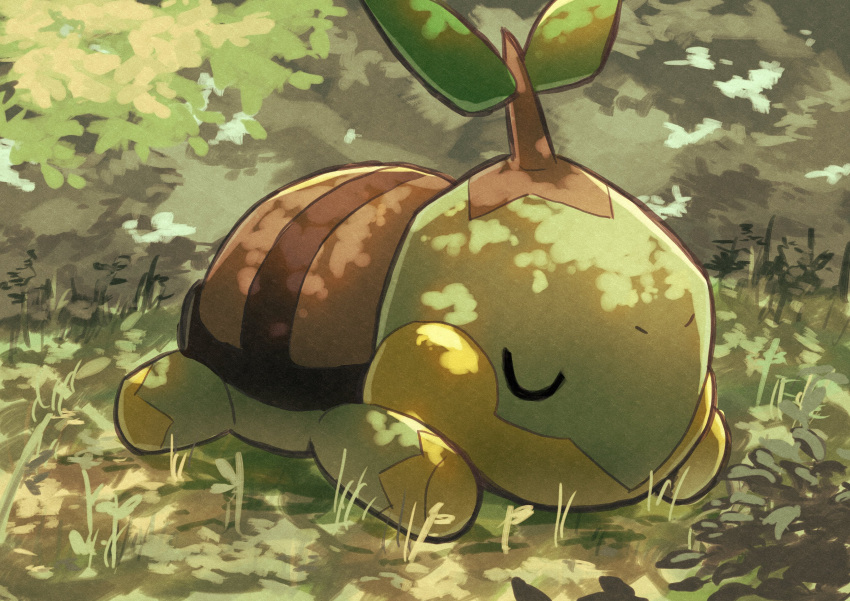 absurdres closed_eyes closed_mouth commentary_request day grass highres lily_(tefp4757) lying no_humans on_stomach outdoors pokemon pokemon_(creature) sleeping solo turtwig u_u