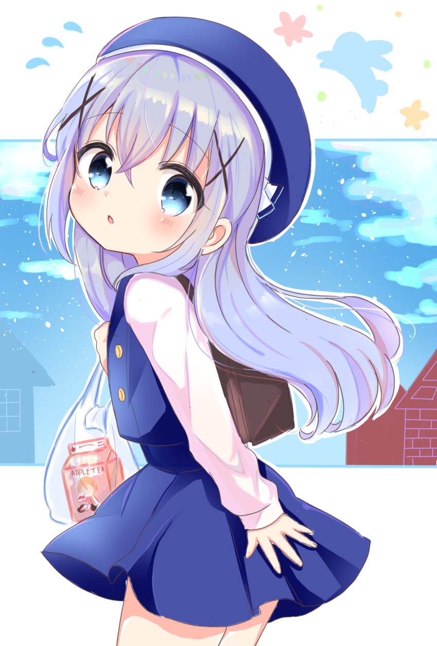 1girl backpack bag blue_eyes blue_hair blue_headwear blue_skirt blue_vest clouds from_behind gochuumon_wa_usagi_desu_ka? hair_ornament hairclip hat highres kafuu_chino long_hair long_sleeves looking_at_viewer looking_back milk_carton nanami_ayane_(kusunoki5050) open_mouth outdoors plastic_bag school_uniform shirt skirt sky solo vest white_shirt white_sleeves