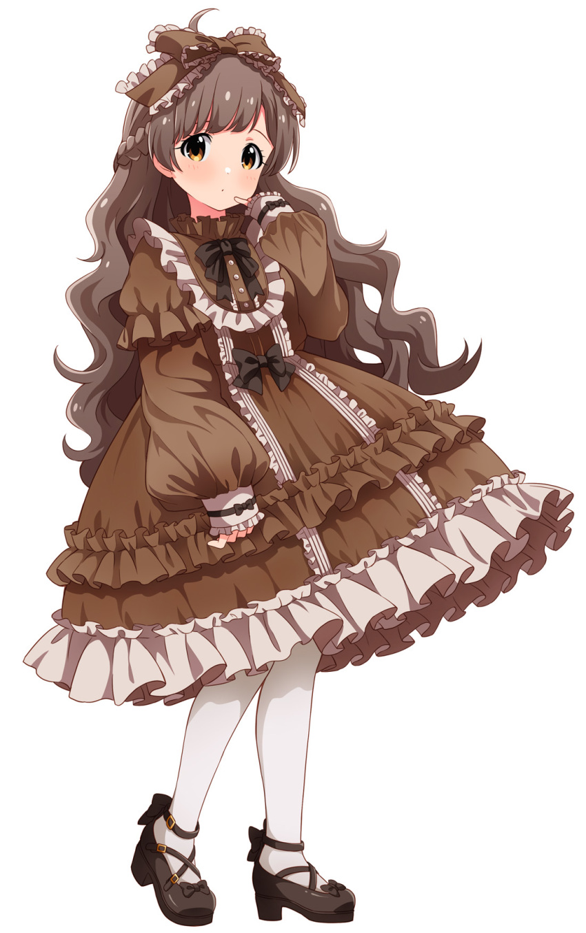 1girl ahoge bangs black_bow boots bow brown_bow brown_dress brown_footwear brown_hair collar dot_mouth dress finger_to_mouth frilled_bow frilled_collar frilled_dress frills goma_konbu hair_bow hair_ornament hakozaki_serika hand_up high_heel_boots high_heels highres idolmaster idolmaster_million_live! long_hair long_sleeves looking_at_viewer necktie orange_eyes platform_footwear platform_heels puffy_sleeves simple_background solo thigh-highs wavy_hair white_background white_thighhighs
