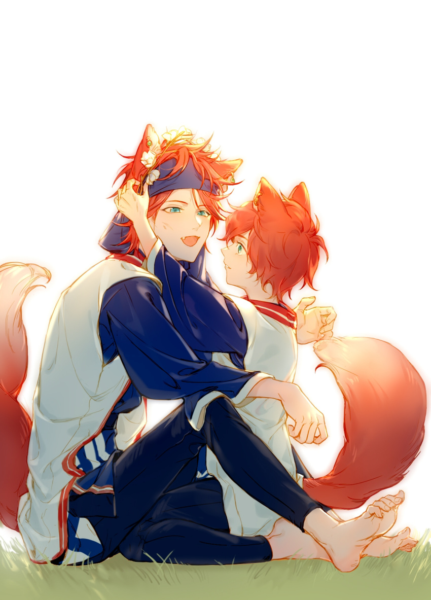 2boys amagi_hiiro amagi_rinne animal_ears aqua_eyes bangs between_legs black_pants blue_eyes brothers day dirty dirty_feet ear_down earrings ensemble_stars! face-to-face fang flower fox_boy fox_ears fox_tail full_body hair_flower hair_ornament hand_up headband highres holding holding_flower imminent_hug jewelry knees_up long_sleeves looking_at_another looking_away male_focus multiple_boys on_ground open_mouth orange_hair outstretched_arms pants parted_lips profile putting_on_headwear reaching short_hair siblings sitting soles tail unaligned_ears vest wariza white_background wide_sleeves woshayangmei