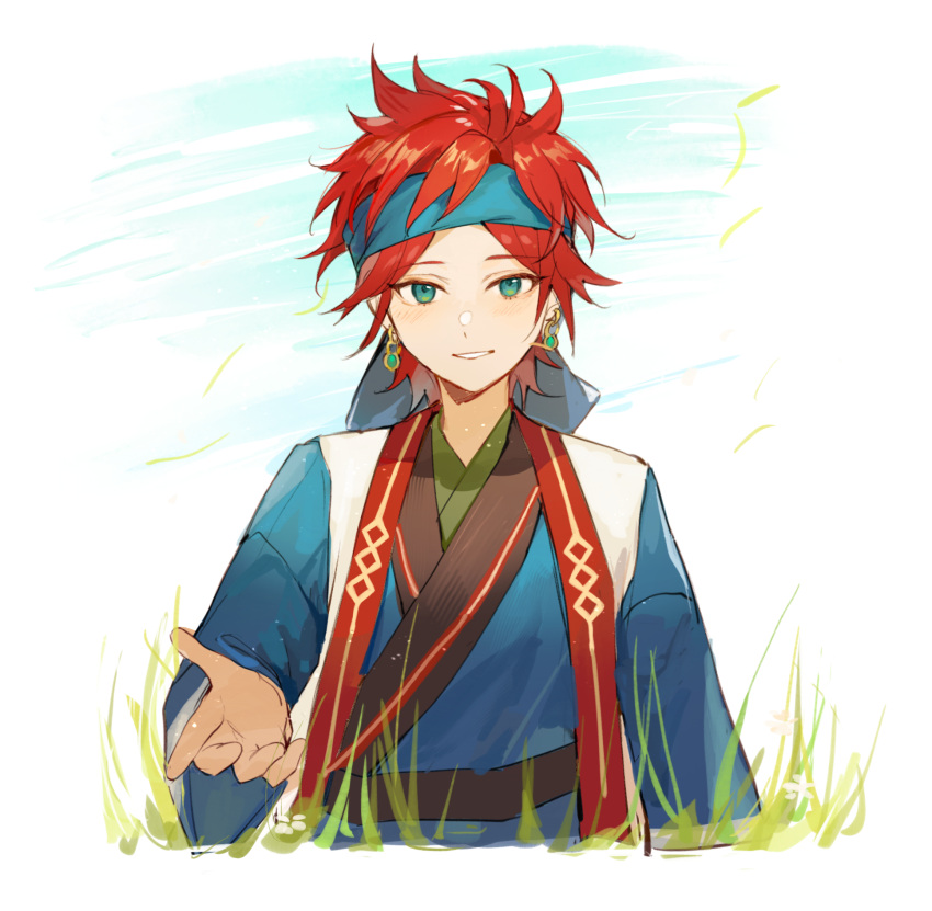 1boy amagi_rinne aqua_eyes arm_at_side bangs beckoning blue_eyes blue_robe day earrings ensemble_stars! falling_leaves grass hand_up headband highres jewelry leaf long_sleeves male_focus nature reaching_out redhead shitan_(tantan_0821) short_hair smile solo upper_body vest wind