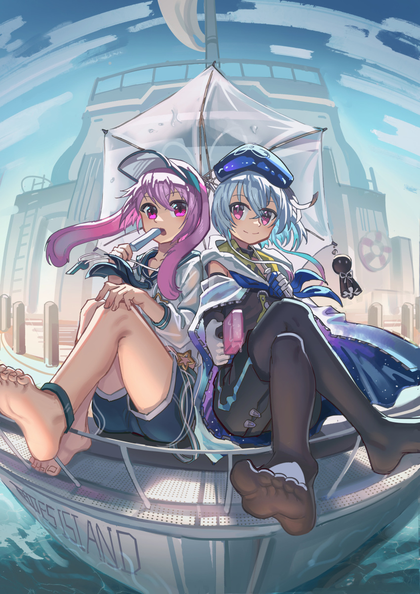 2boys absurdres animal_ears ansel_(arknights) ansel_(casual_vacation)_(arknights) arknights bangs beret black_leggings black_pantyhose blue_hair blue_shorts blue_sky boat closed_mouth crossed_legs food full_body gloves hat highres holding holding_food holding_umbrella jacket leggings long_sleeves looking_at_viewer mizuki_(arknights) multiple_boys no_shoes open_mouth otoko_no_ko outdoors pantyhose pink_eyes pink_hair popsicle rabbit_boy rabbit_ears sailor_collar see-through short_hair shorts sitting sky smile soles toes umbrella visor water watercraft whinghope white_gloves white_jacket