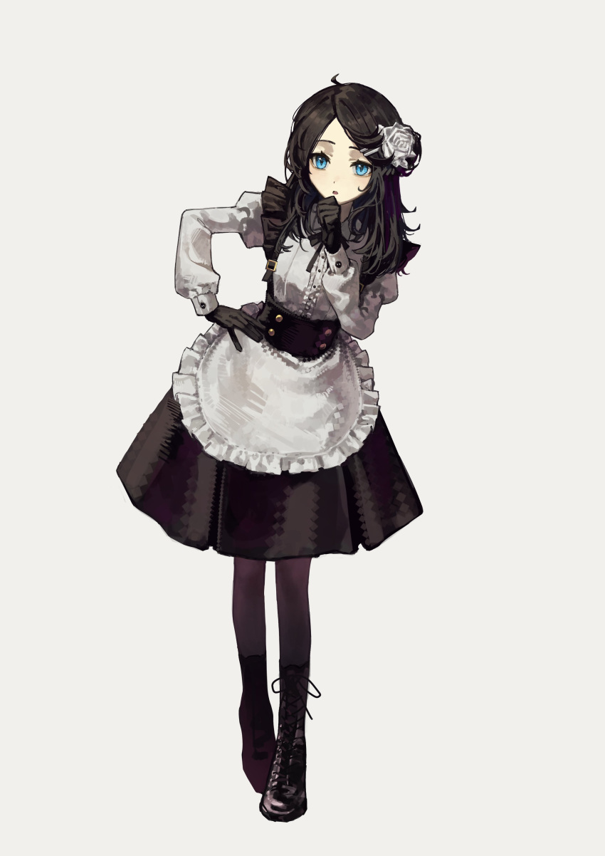1girl absurdres ahoge apron bangs black_footwear black_gloves black_hair black_ribbon black_skirt blue_eyes boots center_frills contrapposto corset cross-laced_footwear flower frilled_apron frills full_body gloves grey_background hair_flower hair_ornament hand_on_own_chin highres juliet_sleeves leaning_forward long_sleeves medium_hair neck_ribbon original parted_bangs puffy_long_sleeves puffy_sleeves ribbon rose simple_background skirt solo standing waist_apron wavy_hair white_flower white_rose yoon_cook
