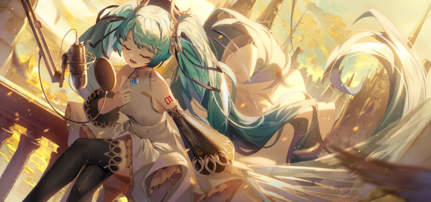 1girl :d bare_shoulders black_sleeves blue_sky breasts closed_eyes clouds cloudy_sky collarbone commentary_request covered_collarbone crossed_legs detached_sleeves dress feet_out_of_frame green_hair hatsune_miku highres ji_dao_ji long_sleeves microphone outdoors railing sky sleeveless sleeveless_dress small_breasts smile solo thigh-highs twintails vocaloid white_dress wide_sleeves