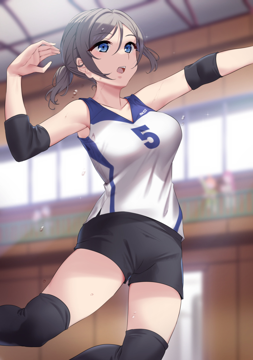 1girl absurdres alternate_costume alternate_hairstyle black_shorts blue_eyes blurry blurry_foreground breasts brown_hair collarbone elbow_pads grey_hair gym_shirt gym_uniform hair_pulled_back highres indoors jersey jumping knee_pads love_live! love_live!_sunshine!! medium_breasts open_mouth playing_sports shirt short_hair shorts sleeveless sleeveless_shirt sportswear sweat volleyball volleyball_uniform watanabe_you yamaori_(yamaorimon)