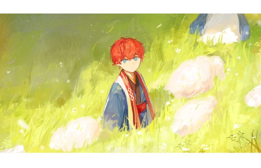 1boy :o amagi_hiiro bangs blue_eyes blue_robe child curious day earrings ensemble_stars! falling_leaves field flock flower from_above grass grazing_(livestock) highres jewelry leaf letterboxed long_sleeves looking_at_viewer looking_up male_child male_focus motion_blur nature outdoors petals redhead sash sheep shitan_(tantan_0821) short_hair standing vest white_flower wind