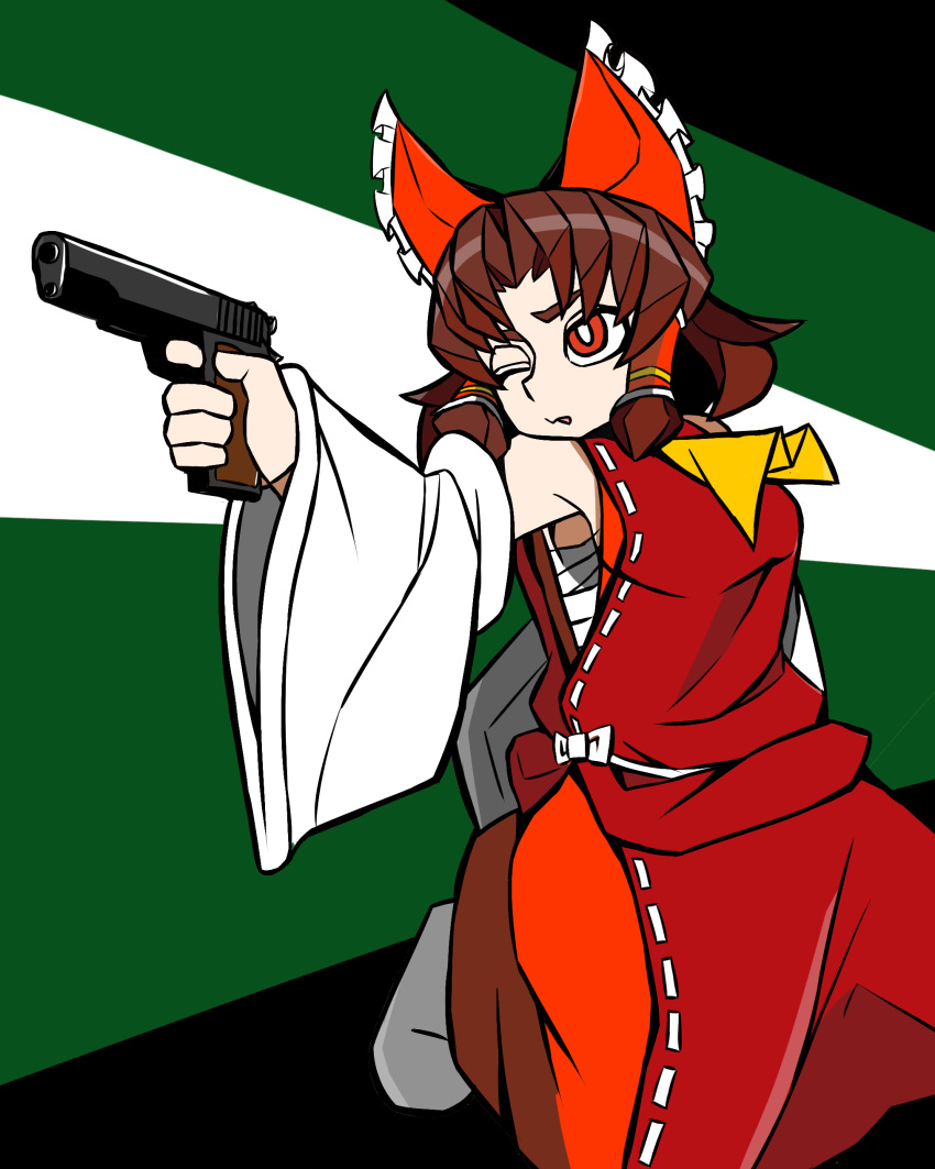 1girl absurdres ascot bangs benikurage_(cookie) bow breasts brown_hair commentary_request cookie_(touhou) detached_sleeves dress frilled_bow frilled_hair_tubes frills full_body gun hair_bow hair_tubes hakurei_reimu handgun highres holding holding_gun holding_weapon jijii_(nicoseiga91467756) looking_afar m1911 medium_breasts medium_hair one_eye_closed open_mouth parody red_bow red_dress red_eyes red_shirt red_skirt sarashi scotch_(cookie)_(style) shirt sidelocks skirt skirt_set sleeveless sleeveless_dress sleeveless_shirt solo style_parody touhou weapon white_sleeves wide_sleeves yellow_ascot