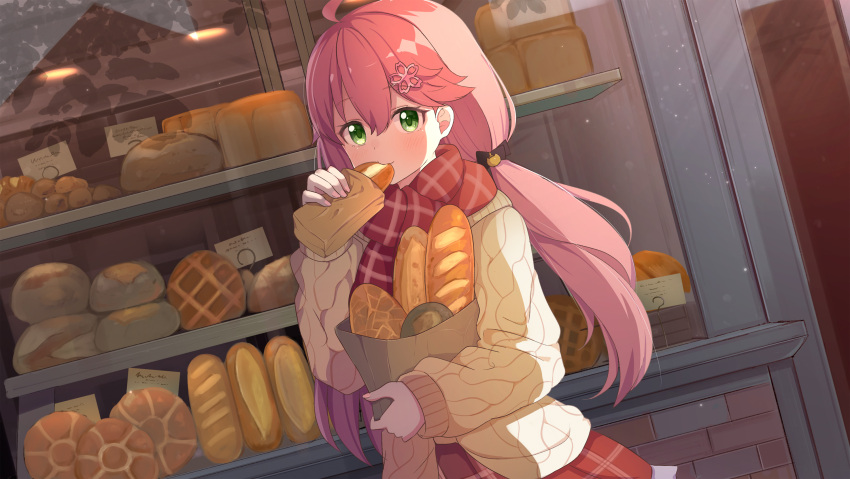 1girl ame. bag bakery bangs bread brown_jacket closed_mouth commentary_request eating food green_eyes hair_between_eyes highres holding holding_food hololive jacket long_hair long_sleeves low_twintails open_clothes open_jacket paper_bag pink_hair plaid plaid_scarf plaid_skirt puffy_long_sleeves puffy_sleeves red_scarf red_skirt sakura_miko scarf shop skirt sleeves_past_wrists solo twintails very_long_hair virtual_youtuber window