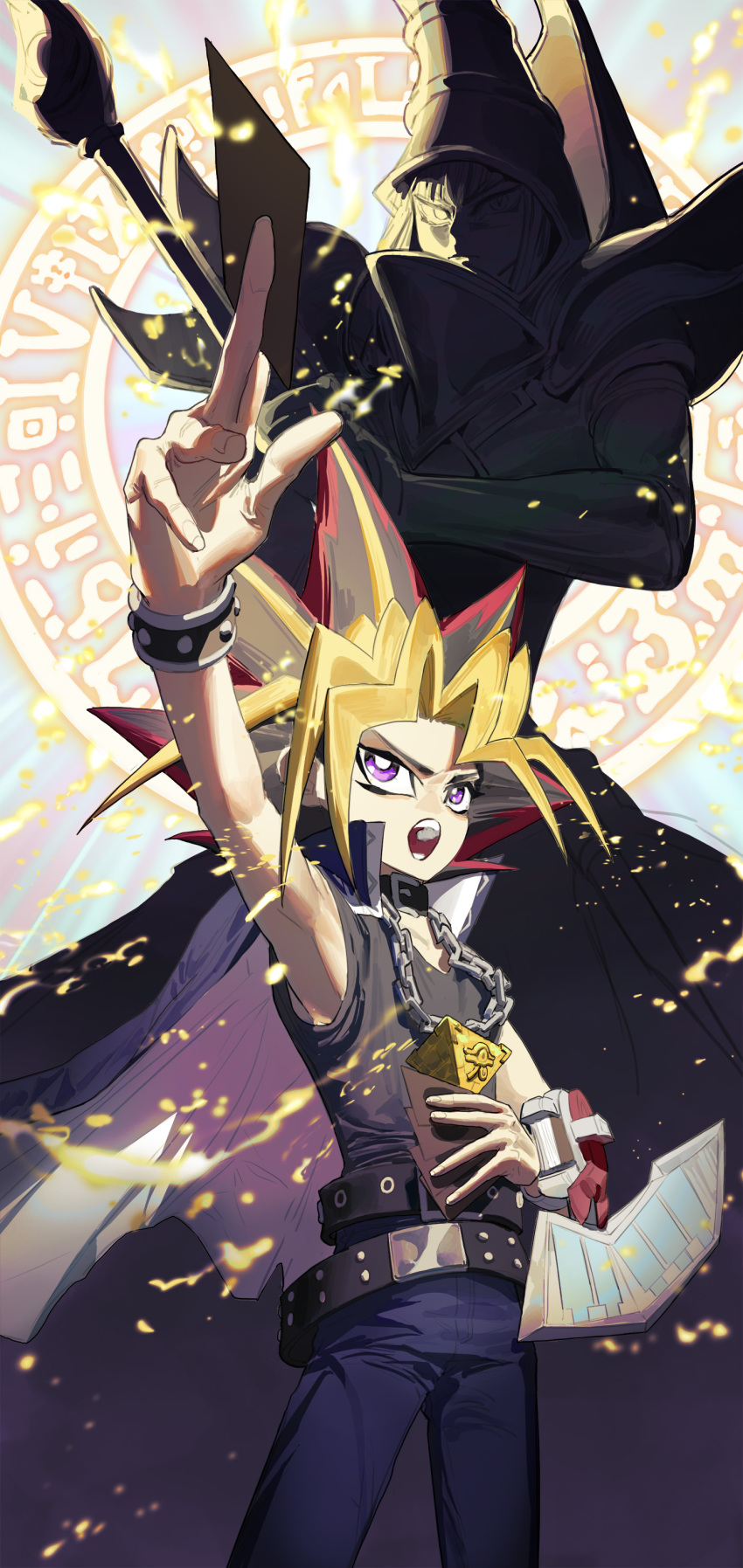 2boys absurdres arm_up belt belt_buckle black_bracelet black_collar black_hair blonde_hair blue_jacket bracelet bright_pupils buckle card chain chain_necklace collar collarbone dark_magician deck_of_cards duel_disk duel_monster fingernails ghdwid hat highres holding holding_card holding_staff jacket jacket_on_shoulders jewelry light_particles light_rays magic_circle magician male_focus millennium_puzzle multicolored_hair multiple_boys necklace open_mouth redhead school_uniform spiky_hair staff teeth uniform violet_eyes white_pupils yami_yuugi yu-gi-oh!