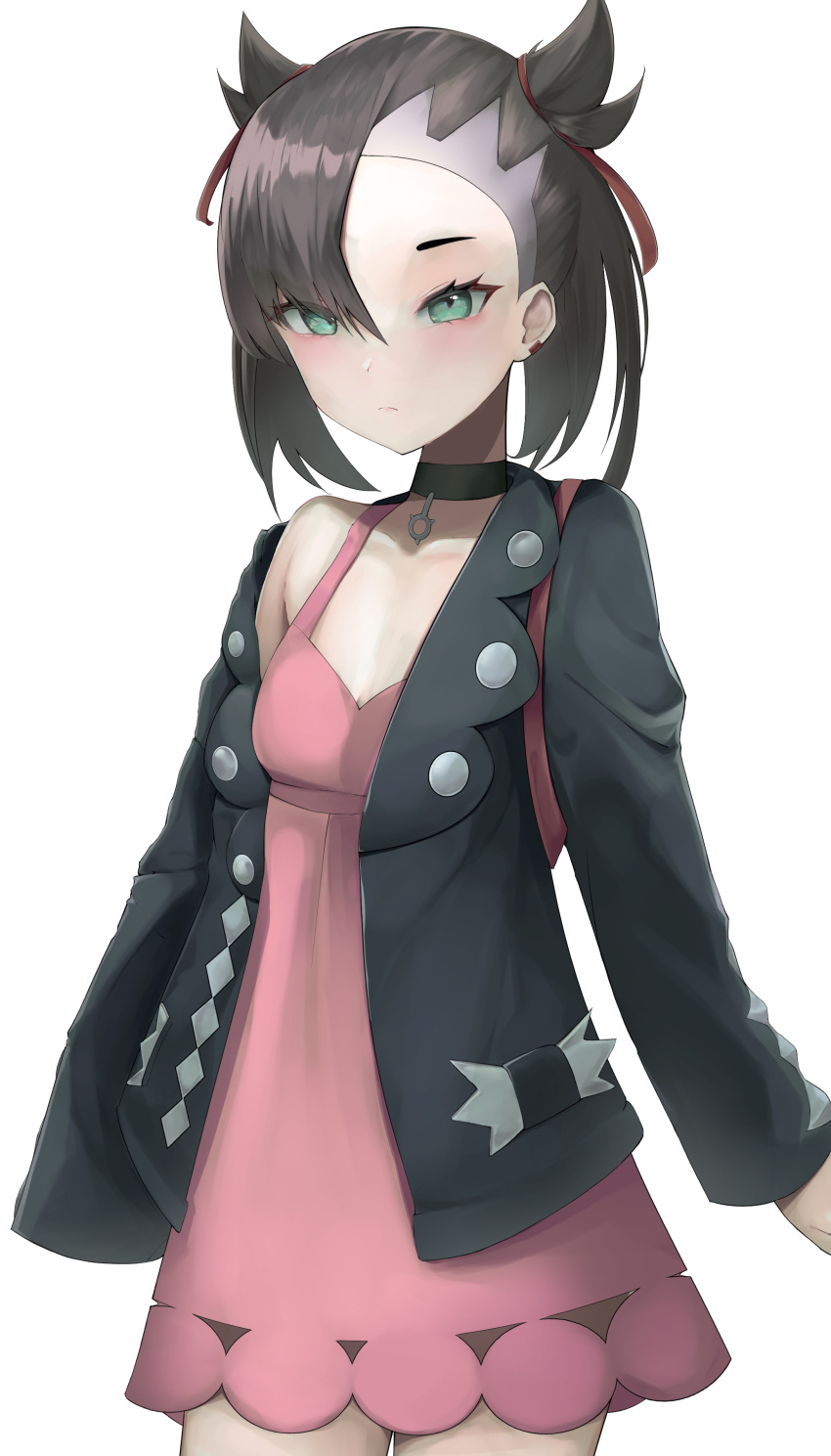 1girl absurdres asymmetrical_bangs bangs black_choker black_jacket blush breasts choker closed_mouth collarbone dress expressionless green_eyes hair_ribbon highres jacket marnie_(pokemon) pendant_choker pink_dress pokemon pokemon_(game) pokemon_swsh red_ribbon ribbon short_dress simple_background single_bare_shoulder small_breasts solo suga_(sugamaruuu) twintails two_side_up undercut white_background