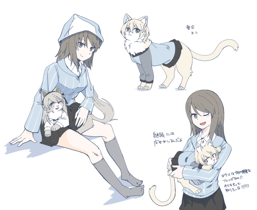 animal animal_on_lap animalization bangs black_ribbon black_skirt blue_eyes blue_headwear blue_jacket blue_shirt brown_eyes brown_hair cat closed_mouth commentary dress_shirt girls_und_panzer grey_hair grey_skirt hair_ribbon hasekura_(hachinochun) hat highres holding holding_animal jacket keizoku_military_uniform keizoku_school_uniform kneehighs light_brown_hair long_sleeves looking_at_viewer mika_(girls_und_panzer) miniskirt no_hat no_headwear no_shoes on_lap one_eye_closed open_mouth pleated_skirt raglan_sleeves ribbon school_uniform shimada_arisu shirt short_hair simple_background sitting skirt smile socks standing striped striped_shirt trail tulip_hat vertical-striped_shirt vertical_stripes white_background white_shirt wing_collar youko_(girls_und_panzer)