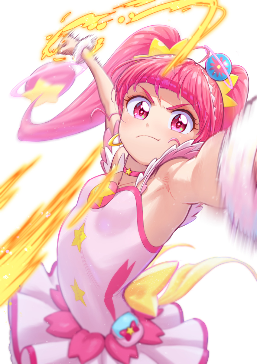 1girl :t absurdres armpits breasts choker cure_star dress earrings floating_hair frown highres itou_shin'ichi jewelry long_hair looking_at_viewer motion_blur motion_lines outstretched_arms pink_choker pink_hair precure red_eyes shiny shiny_hair short_dress sleeveless sleeveless_dress small_breasts solo star_(symbol) star_choker star_twinkle_precure twintails v-shaped_eyebrows very_long_hair white_dress