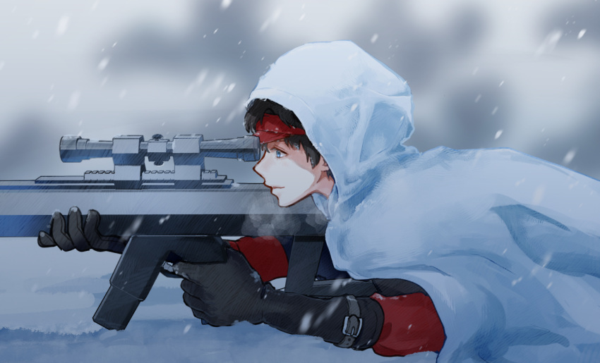 1boy aiming belt black_hair blue_eyes cloak finger_on_trigger from_side gun holding holding_gun holding_weapon hood hood_up hooded_cloak jacket kemashito3sei long_sleeves lying male_focus oki_kouji on_stomach outstretched_arms profile red_headwear rifle short_hair smile sniper_rifle snow snowing solo upper_body visor_cap weapon white_cloak white_hood world_trigger