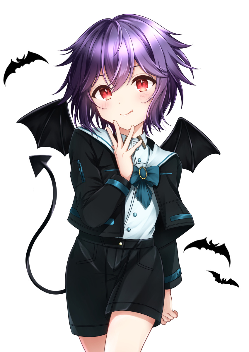 1boy absurdres bat blush demon_boy demon_tail demon_wings highres long_sleeves looking_at_viewer male_focus original red_eyes shino_(shino1028) short_hair shorts solo tail tongue tongue_out white_background wings