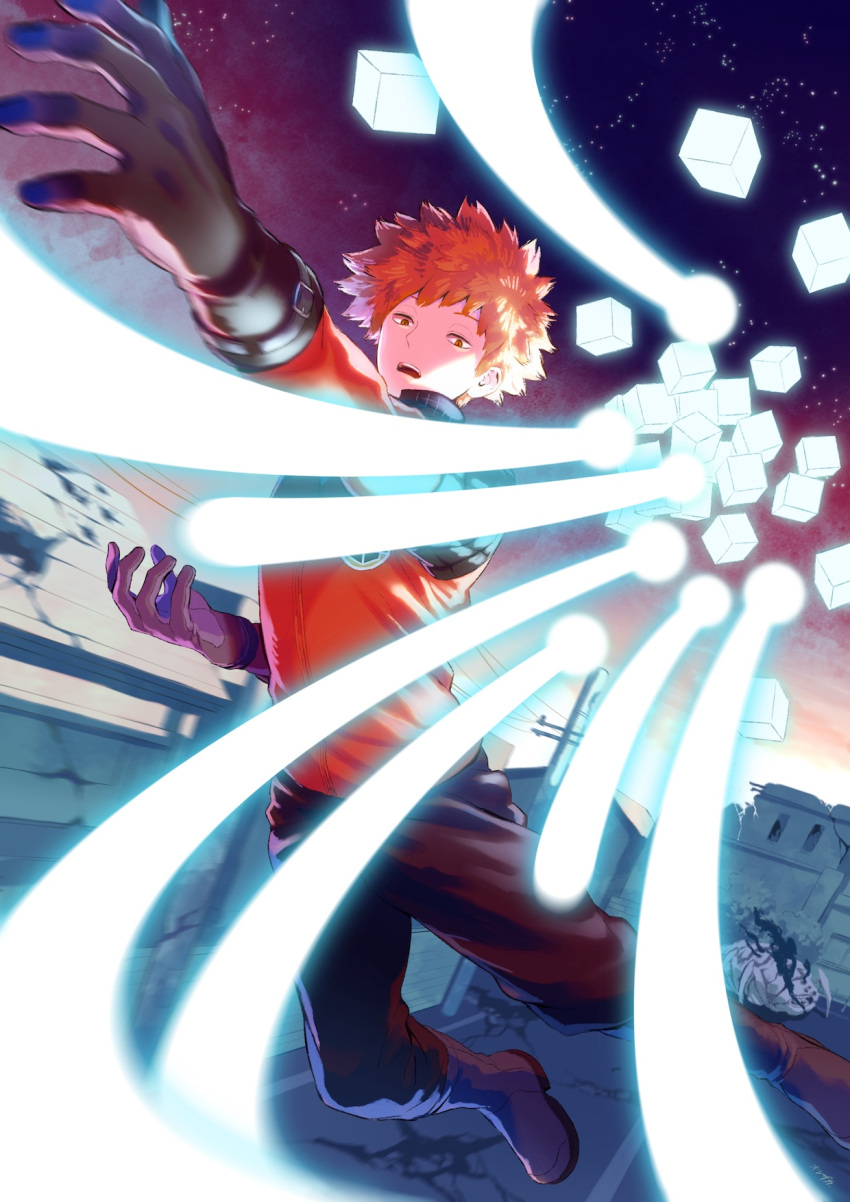 1boy bangs black_footwear black_gloves black_pants blurry boots building cube depth_of_field feet_out_of_frame firing floating gloves highres jacket knee_boots long_sleeves looking_at_viewer male_focus mizukami_satoshi_(world_trigger) open_mouth orange_hair otsuzaka outstretched_arm pants power_lines reaching_out red_jacket road ruins short_hair sky solo spiky_hair star_(sky) starry_sky street torion_hei twilight uniform utility_pole world_trigger