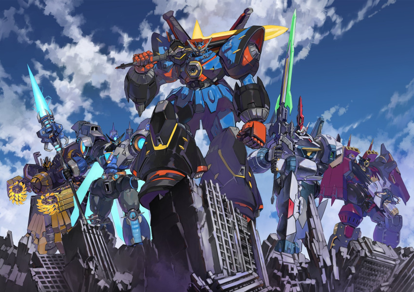 clouds energy_weapon green_eyes gun highres holding holding_gun holding_polearm holding_sword holding_weapon lance looking_at_viewer mecha mecha_request megaton_musashi musashi_(megaton_musashi) no_humans official_art over_shoulder polearm robot science_fiction shimizu_eiichi shimoguchi_tomohiro sky sword v-fin weapon weapon_over_shoulder