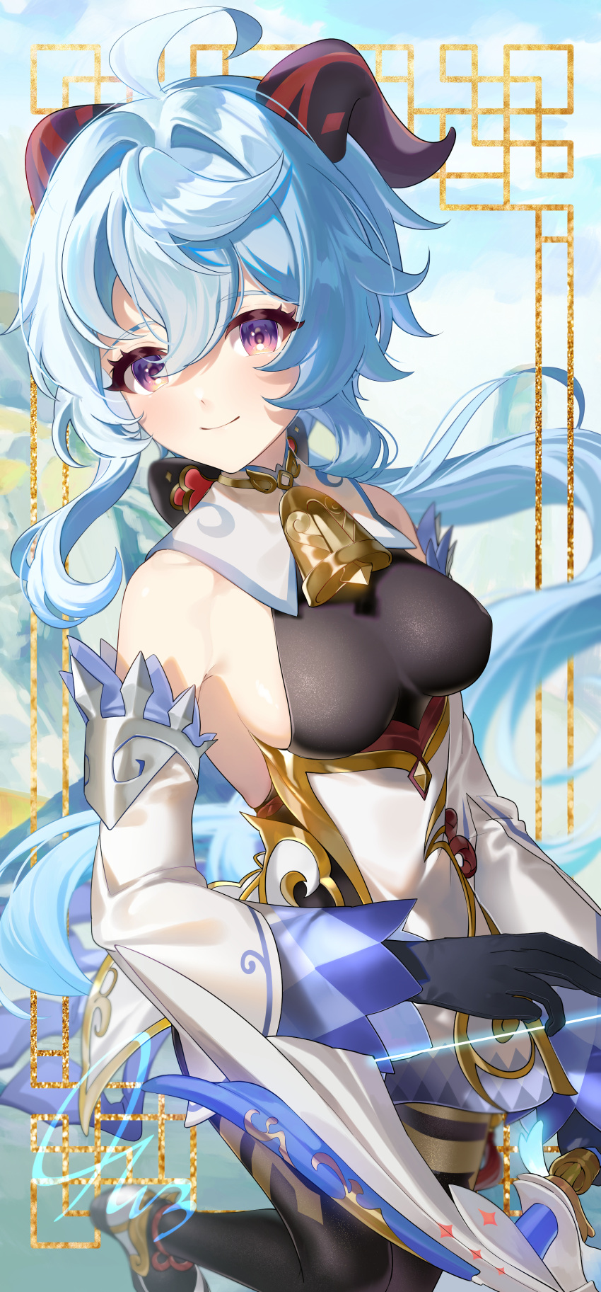 1girl absurdres ahoge amos'_bow_(genshin_impact) bangs bare_shoulders bell black_gloves black_pantyhose blue_hair blush bow_(weapon) breasts detached_sleeves ganyu_(genshin_impact) genshin_impact gloves gold_trim high_heels highres holding holding_bow_(weapon) holding_weapon horns kkopoli long_hair looking_at_viewer medium_breasts neck_bell pantyhose sideboob sidelocks skindentation smile solo violet_eyes weapon white_sleeves