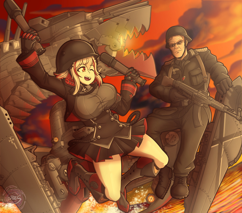 1boy 1girl azur_lane blonde_hair breasts clouds cloudy_sky explosive grenade gun helmet highres jumping large_breasts looking_at_another machine_gun military military_helmet military_uniform multicolored_hair open_mouth original redhead roon_(azur_lane) serious skirt sky sunset uniform weapon wehrmacht xxjimjamxx
