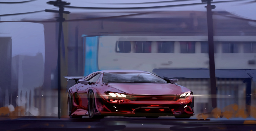 ahi_and_ohi car glowing ground_vehicle headlight highres motor_vehicle no_humans original power_lines sketch solo spoiler_(automobile) sports_car vehicle_focus