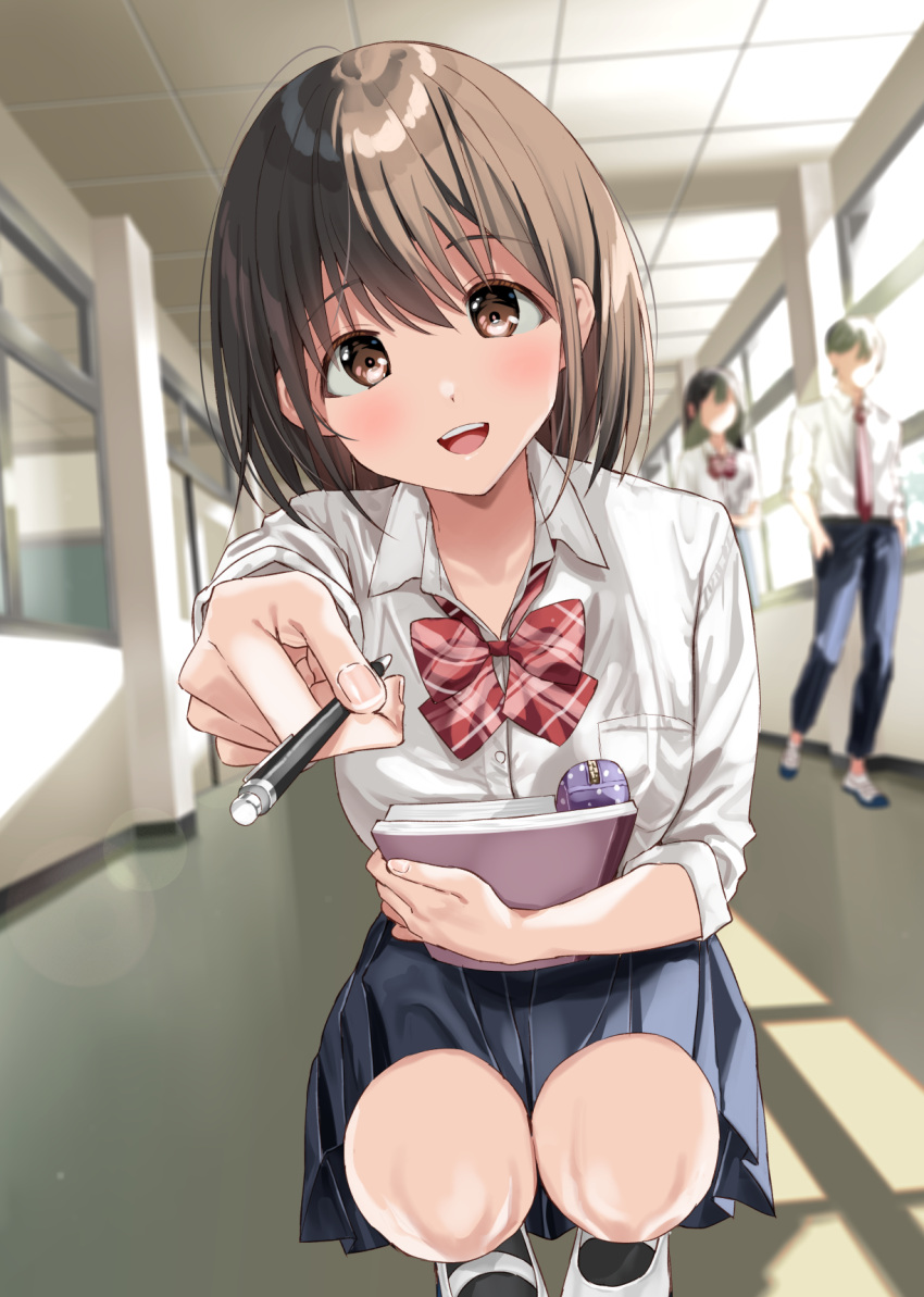 1boy 2girls blush bob_cut bow bowtie breasts brown_eyes brown_hair commentary dappled_sunlight day dress_shirt full_body hallway highres holding holding_notebook holding_pencil incoming_gift knees kukiha looking_at_viewer loose_bowtie medium_breasts multiple_girls notebook open_mouth original outstretched_hand pencil pleated_skirt school school_uniform shadow shirt skirt smile solo_focus squatting sunlight uniform window