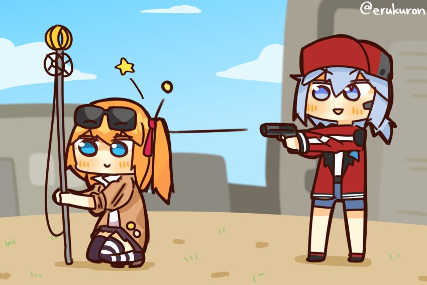 2girls :&gt; aiming blonde_hair blue_eyes blue_hair blue_shorts blush casual chibi clouds day eyewear_on_head firing girls_frontline gun handgun hat holding holding_gun holding_weapon house jacket kalina_(girls'_frontline) lcron mp-446_(boisterous_rouge)_(girls'_frontline) mp-446_(girls'_frontline) multiple_girls open_clothes open_jacket open_mouth outdoors personification pink_ribbon pleated_skirt ribbon short_hair shorts skirt sky smile squatting standing star_(symbol) thigh-highs thighs twitter_username weapon