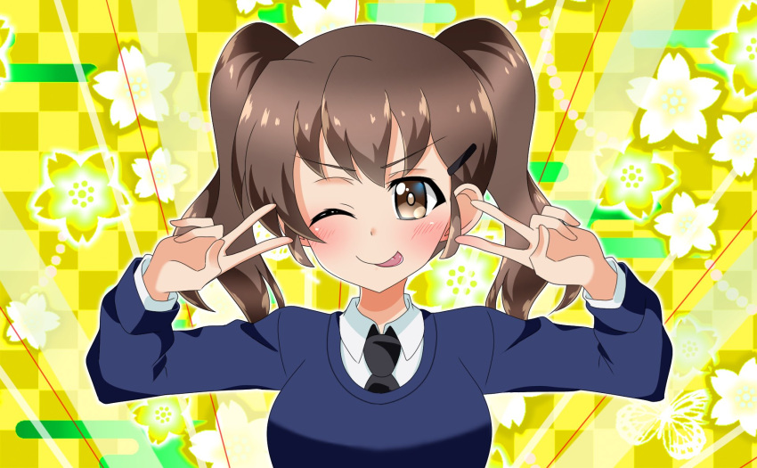 1girl ;) ;p alternate_hairstyle bad_id bad_twitter_id bangs black_necktie blue_sweater brown_eyes brown_hair checkered_background closed_mouth double_v dress_shirt egasumi girls_und_panzer hair_ornament hairclip highres light_rays long_sleeves looking_at_viewer medium_hair necktie one_eye_closed rukuriri_(girls_und_panzer) sakuramon school_uniform shirt smile solo st._gloriana's_school_uniform sweater tanutika tongue tongue_out twintails v v-neck white_shirt wing_collar yellow_background