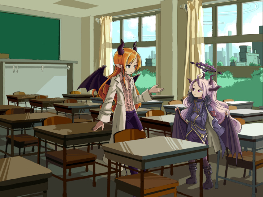 2girls ahoge armband bangs belt blue_archive chair chalkboard classroom coat coat_on_shoulders commentary crossed_arms crossover demon_girl demon_horns demon_wings desk english_commentary forehead fur-trimmed_coat fur_trim grey_eyes grey_hair hair_ornament hairclip halo height_difference hina_(blue_archive) hololive horns indoors long_hair long_sleeves looking_at_another military military_uniform multiple_girls orange_hair pantyhose parted_bangs pencil_skirt pointy_ears school_chair school_desk sidelocks sixten skirt standing teacher_and_student trait_connection uniform violet_eyes virtual_youtuber white_coat window wings yuzuki_choco zettai_ryouiki
