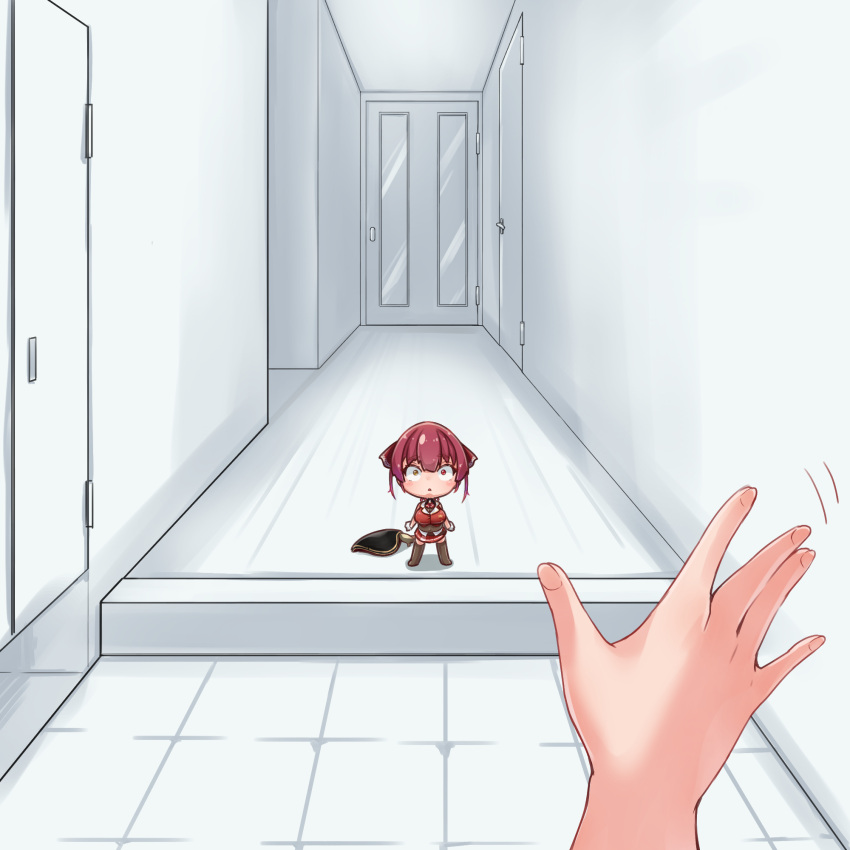 1girl 1other :o berotore blush_stickers commentary_request door hallway hat hat_removed headwear_removed heterochromia highres hololive houshou_marine looking_at_viewer minigirl pirate_hat pov pov_hands red_eyes redhead solo_focus twintails virtual_youtuber waving wide-eyed yellow_eyes