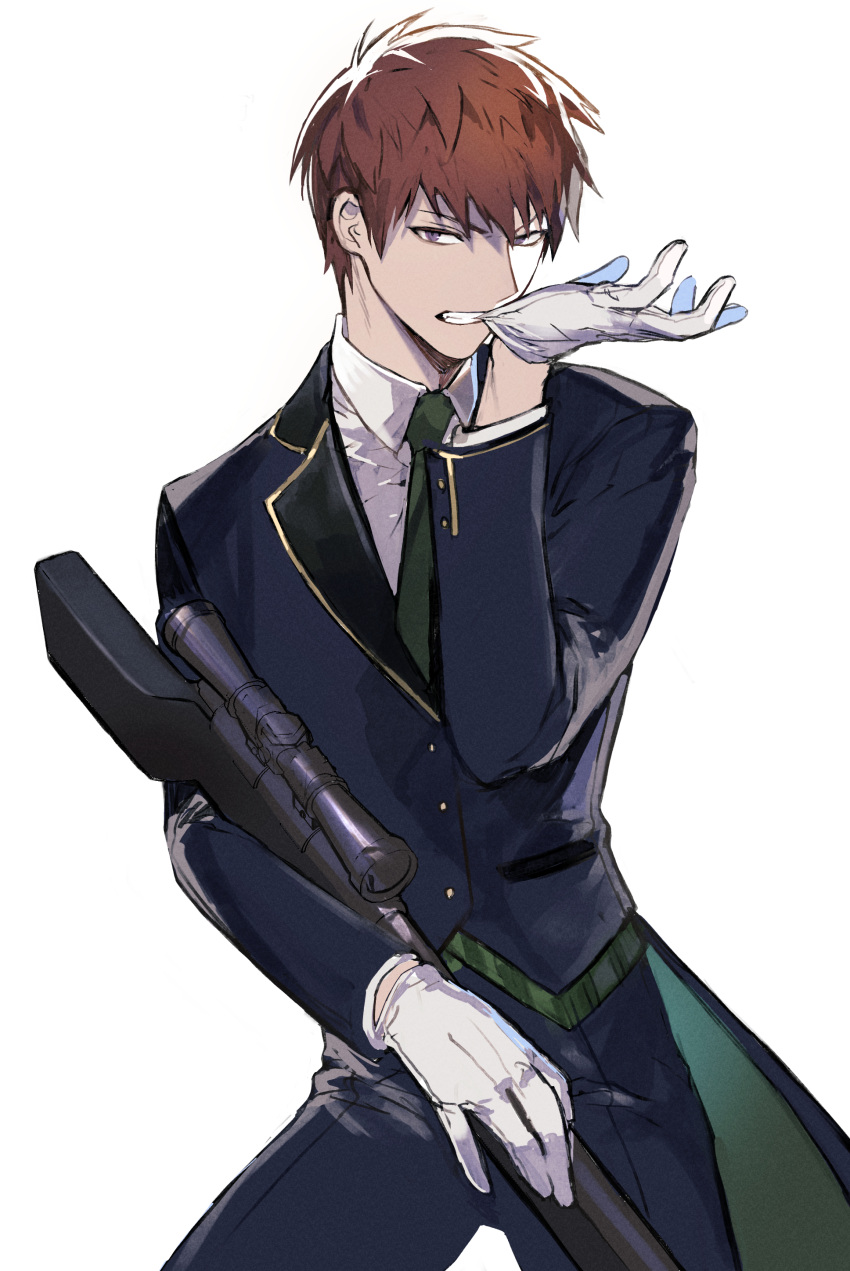 1boy absurdres adjusting_clothes adjusting_gloves arafune_tetsuji bangs biting biting_clothes black_jacket brown_hair clenched_teeth collared_shirt cowboy_shot formal gloves green_necktie green_vest gun hand_up highres holding holding_gun holding_weapon jacket lapels long_sleeves looking_at_viewer male_focus mnmnwtsn necktie no_hat no_headwear redhead rifle shirt short_hair simple_background sniper_rifle solo tailcoat teeth vest weapon white_background white_gloves white_shirt world_trigger