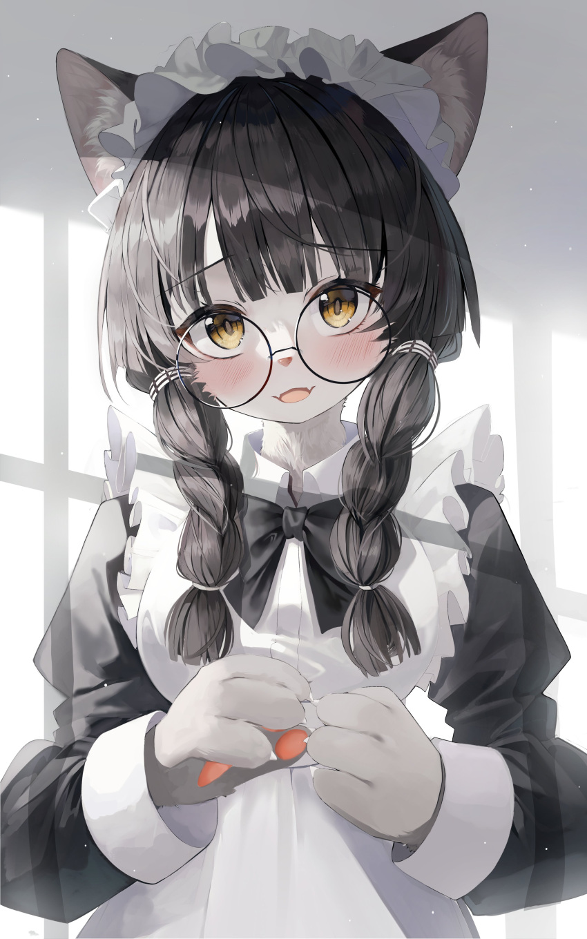 1girl absurdres animal_ear_fluff animal_ears animal_ears_(artist) animal_hands animal_nose apron bangs black-framed_eyewear black_bow black_bowtie black_dress black_hair blunt_bangs blush body_fur bow bowtie braid cat_ears cat_girl claws collared_shirt commentary day dress fangs frilled_apron frills furry furry_female glasses grey_background grey_fur hair_tie hands_up happy head_tilt highres indoors juliet_sleeves light_particles long_hair long_sleeves looking_at_viewer maid maid_apron maid_headdress open_mouth original own_hands_together pawpads puffy_sleeves round_eyewear shiny shiny_hair shirt sidelocks skin_fangs smile solo straight-on symbol-only_commentary twin_braids upper_body white_apron yellow_eyes