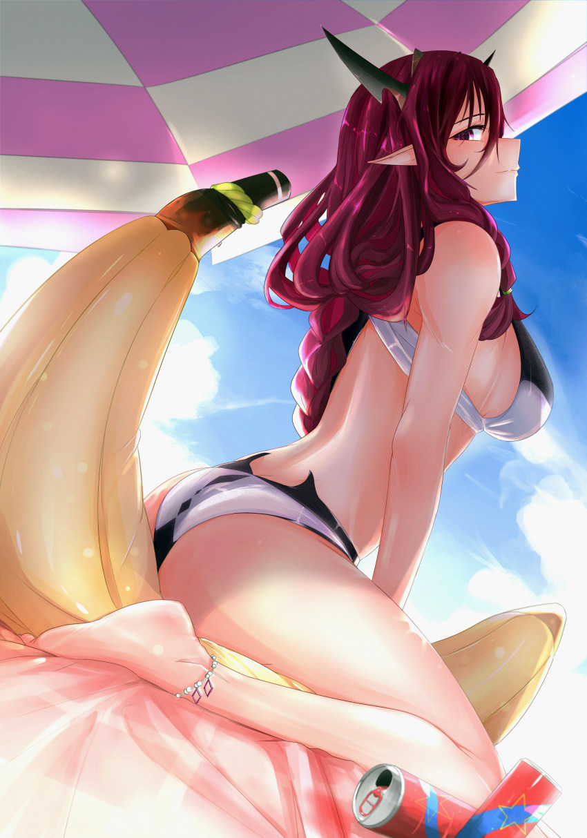 1girl absurdres banana bangs barefoot beach_umbrella bikini can day food fruit highres hololive hololive_english horns inflatable_toy irys_(hololive) legs long_hair looking_at_viewer multicolored_hair pointy_ears purple_hair redhead sky soda_can solo swimsuit the_raineman toes umbrella violet_eyes virtual_youtuber