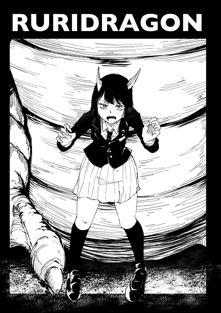 1girl 1other aoki_ruri bangs blazer border buttons calf_socks claw_pose claws collared_shirt copyright_name dragon dragon_girl dragon_horns english_text fangs framed full_body grass greyscale hands_up hatching_(texture) highres horns jacket jitome lapel_pin lapels linear_hatching loafers looking_at_viewer medium_skirt monochrome necktie notched_lapels open_mouth outdoors outside_border parted_bangs pleated_skirt raised_eyebrows ruri_dragon school_uniform shirt shoes skirt slit_pupils so_shi_te socks solo_focus