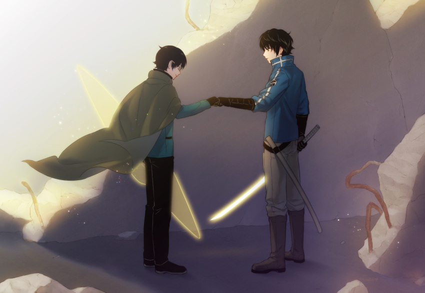 2boys bangs black_footwear black_gloves black_hair black_pants black_shirt blue_jacket boots cape emblem energy_barrier energy_shield fist_bump floating_clothes from_behind full_body futaba_08_cnmrl glasses gloves glowing glowing_sword glowing_weapon green_cape grey_footwear grey_pants holding holding_sword holding_weapon jacket karasuma_kyousuke knee_boots light_particles long_sleeves looking_at_another looking_away male_focus mikumo_osamu multiple_boys outstretched_arm pants pants_tucked_in profile ruins shield shirt shoes short_hair smile standing sunlight sword t-shirt uniform weapon world_trigger