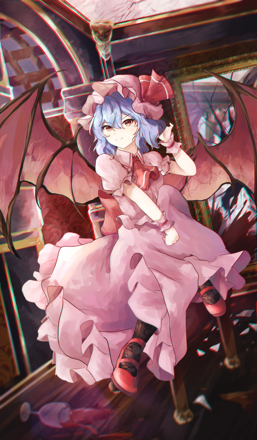 1girl absurdres ascot bangs bat_wings blood blue_hair broken_glass cup drinking_glass full_body glass hair_ribbon hand_in_own_hair hat highres indoors looking_at_viewer mob_cap orchid_(orukido) pink_headwear pink_shirt pink_skirt purple_hair red_ascot red_eyes red_footwear red_ribbon remilia_scarlet ribbon shirt short_hair skirt solo touhou wine_glass wings wrist_cuffs