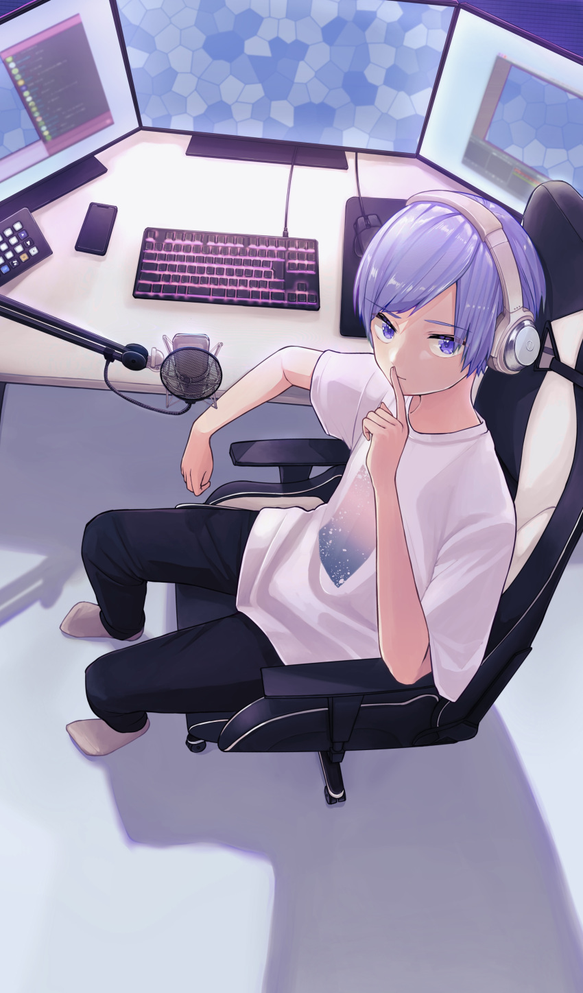 1boy absurdres arm_on_table arm_rest chair computer desk from_above frown gaming_chair hand_up headphones highres index_finger_raised keyboard_(computer) kokonoe_hirame looking_to_the_side male_focus microphone microphone_stand monitor mouse_(computer) mousepad_(object) multiple_monitors no_shoes original print_shirt purple_hair shirt short_hair socks solo t-shirt violet_eyes