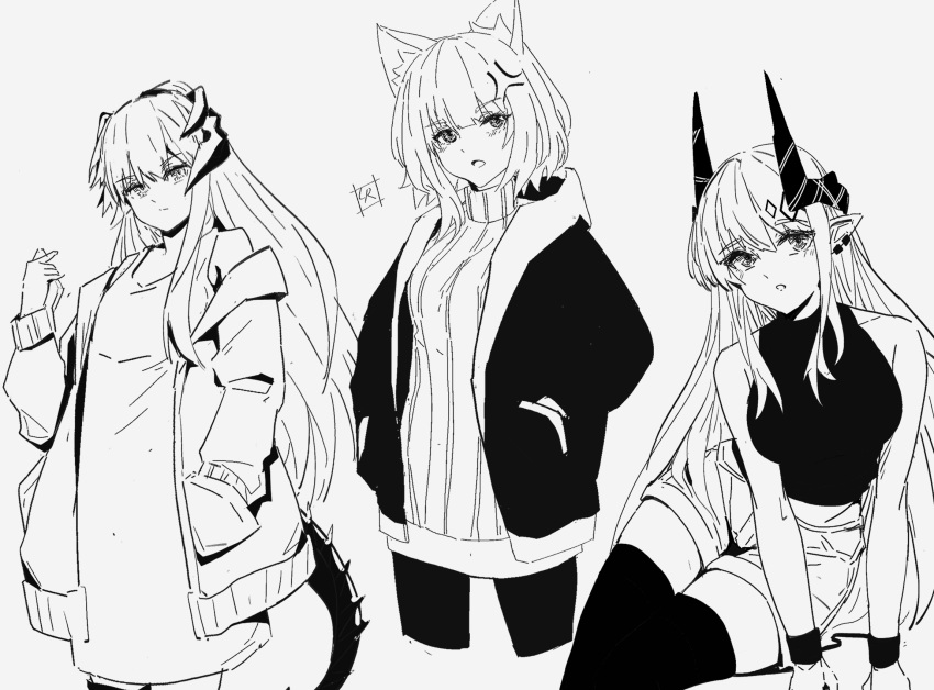 3girls anger_vein animal_ear_fluff animal_ears arknights bangs bare_arms bare_shoulders cat_ears closed_mouth cowboy_shot cropped_legs dragon_girl dragon_horns dragon_tail dress earrings greyscale hair_ornament hand_up hands_in_pockets highres horns jacket jewelry kal'tsit_(arknights) long_sleeves looking_at_viewer lumirumi monochrome mudrock_(arknights) multiple_girls off_shoulder open_clothes open_jacket open_mouth pantyhose pointy_ears saria_(arknights) shirt short_hair short_shorts shorts simple_background sleeveless sleeveless_shirt sweater sweater_dress tail thigh-highs turtleneck turtleneck_dress turtleneck_sweater white_background wristband