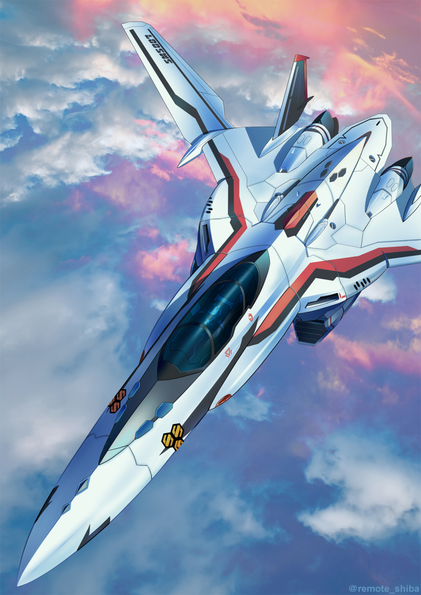 1boy clouds commentary_request flying helmet highres macross macross_frontier mecha pilot pilot_suit realistic remote_shiba robot s.m.s. saotome_alto science_fiction signature spacesuit variable_fighter vf-25 when_you_see_it