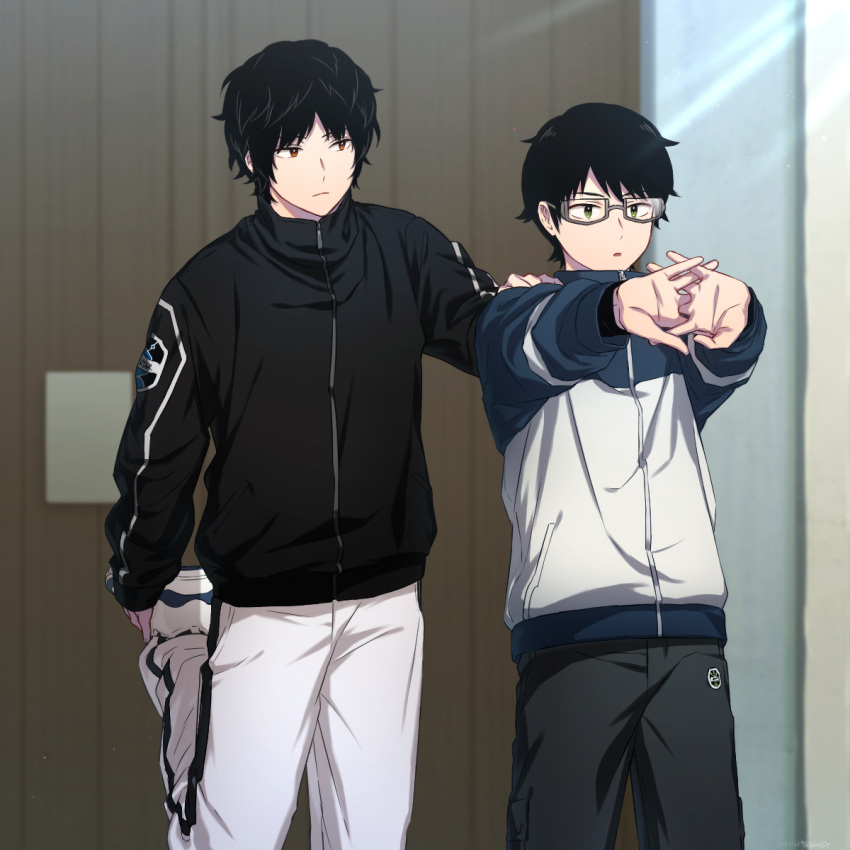 2boys bangs black_hair blurry brown_eyes closed_mouth cowboy_shot depth_of_field emblem exercise frown futaba_08_cnmrl glasses green_eyes grey-framed_eyewear grey_pants hand_on_another's_arm highres interlocked_fingers jacket karasuma_kyousuke long_sleeves looking_afar looking_at_another male_focus mikumo_osamu multicolored_clothes multicolored_jacket multiple_boys outstretched_arm outstretched_arms own_hands_together pants parted_lips semi-rimless_eyewear shoes short_hair standing standing_on_one_leg stretching symbol-only_commentary training two-tone_jacket under-rim_eyewear white_footwear white_pants world_trigger zipper
