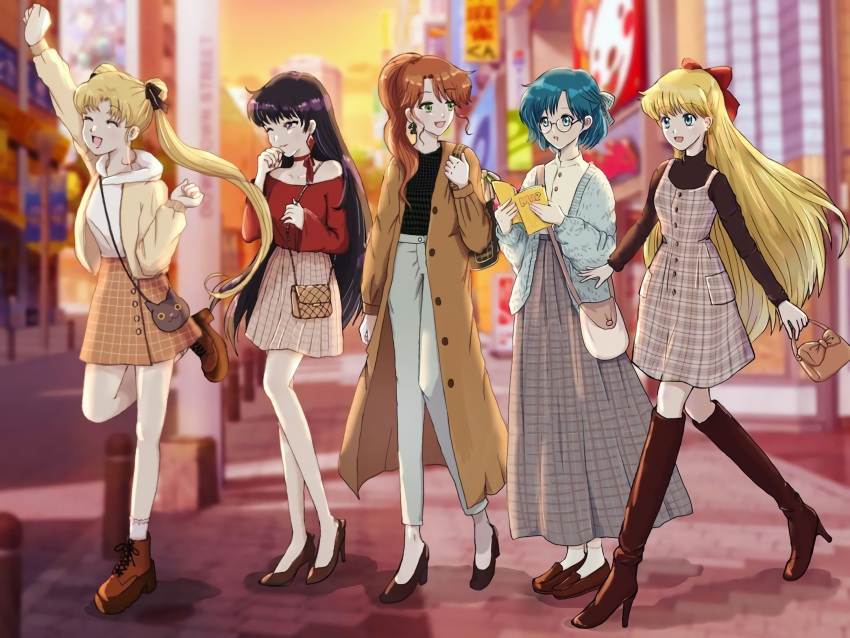 aino_minako bishoujo_senshi_sailor_moon blonde_hair blue_hair book closed_eyes coat dress full_body highres hino_rei kino_makoto long_hair mizuno_ami one_eye_closed open_mouth shoes short_hair skirt tsukino_usagi yosh.i