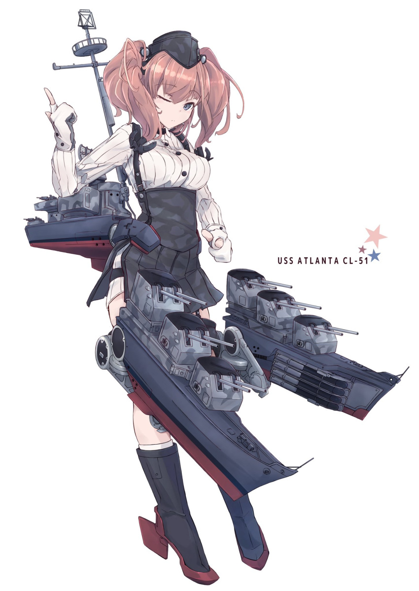 1girl anchor_hair_ornament anti-aircraft anti-aircraft_gun atlanta_(kancolle) black_footwear black_headwear black_skirt boots bra_visible_through_clothes breasts brown_hair cannon dress_shirt earrings full_body garrison_cap garter_straps gloves grey_eyes hair_between_eyes hair_ornament hat high-waist_skirt highres jewelry kantai_collection large_breasts long_hair long_sleeves machinery mast minosu partially_fingerless_gloves rigging rudder_footwear shirt single_earring skirt smokestack solo star_(symbol) star_earrings suspender_skirt suspenders thigh_strap turret two_side_up white_gloves white_shirt