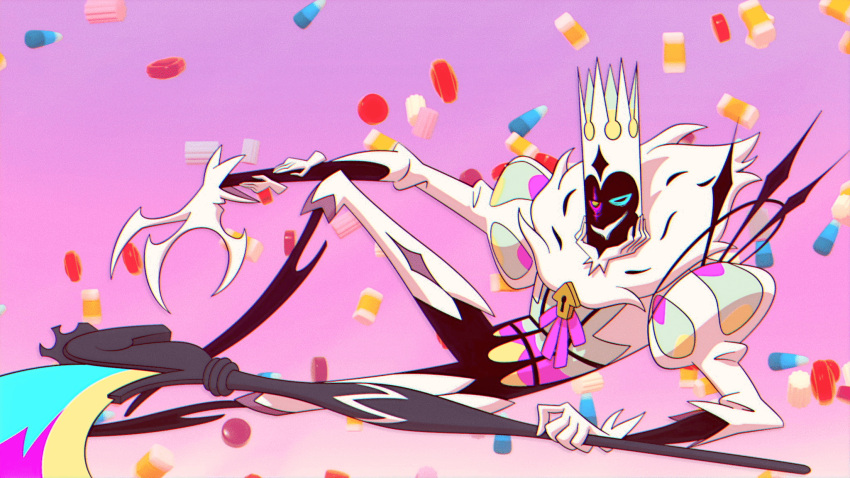 blue_eyes candy chewing_gum claws colorful creature crown fiddlesticks food gloves half-closed_eyes heterochromia highres league_of_legends lying monster on_side pose scythe smile solo star_(symbol) star_nemesis_fiddlesticks thelinestudio weapon yellow_eyes