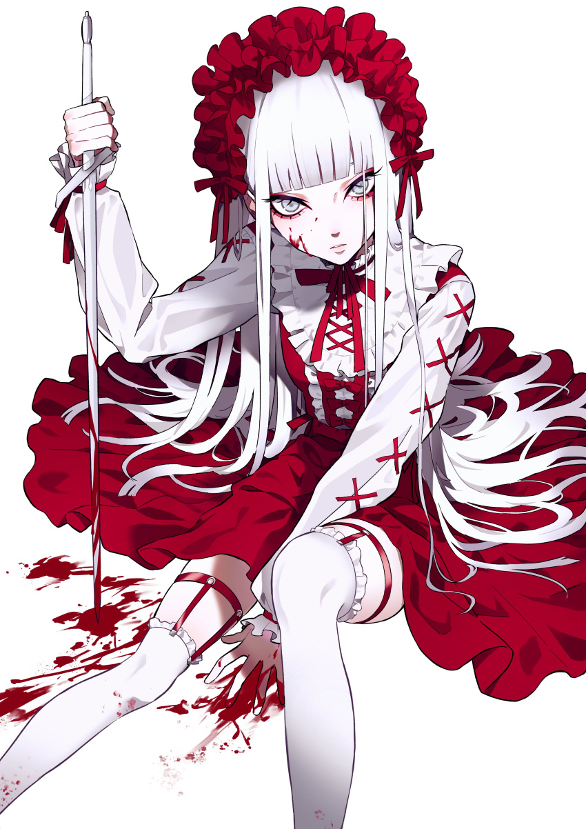 1girl absurdres bangs blood blood_on_clothes blood_on_face blood_on_weapon blunt_bangs commentary_request dress eyeliner eyeshadow frilled_dress frilled_hairband frilled_legwear frills grey_eyes grey_pupils hairband highres hime_cut holding holding_sword holding_weapon long_hair long_sleeves looking_at_viewer makeup neck_ribbon original parted_lips red_dress red_eyeshadow red_ribbon ribbon sidelocks simple_background sitting solo straight_hair sword thigh-highs thigh_strap thighs urkt_10 very_long_hair weapon white_background white_hair white_thighhighs
